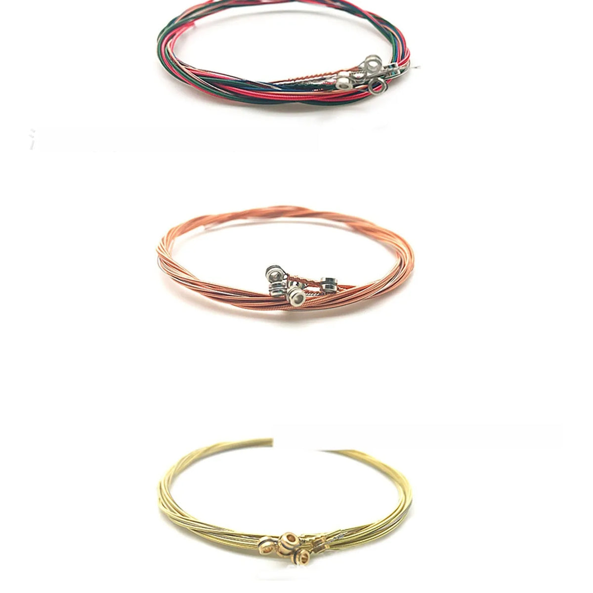 Six metal guitar strings in red copper, brass, and colour coatings with rust-proof finish