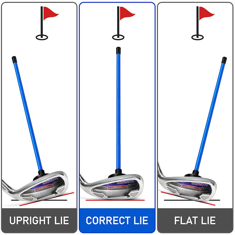 Red aluminium alloy golf swing trainer with magnetic baseball bar alignment tool on a green background.