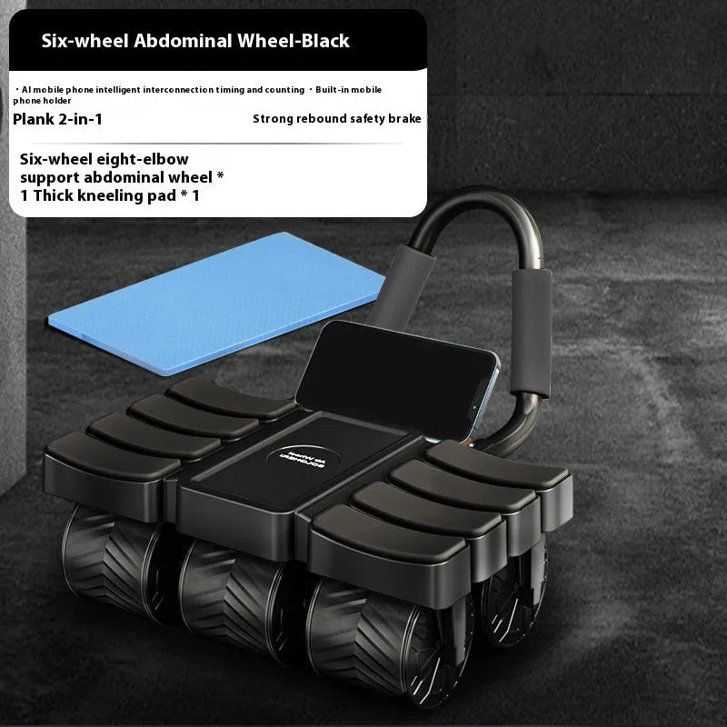 Six-wheel eight-elbow automatic rebound abdominal wheel in black with AI app connectivity for home fitness