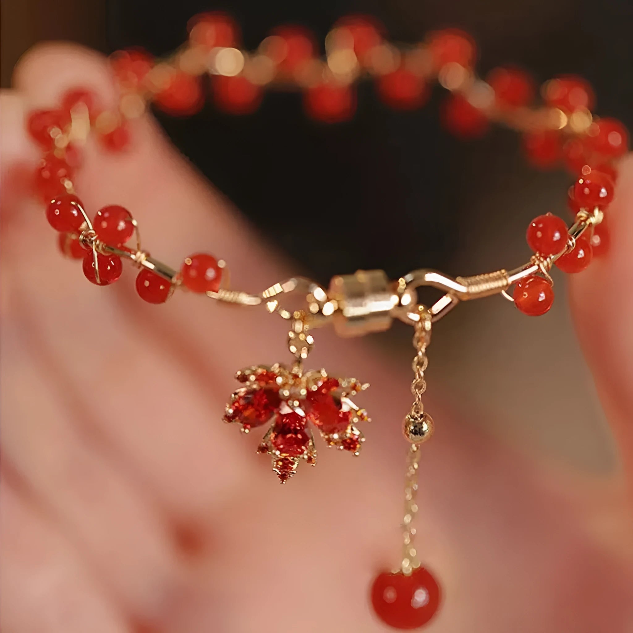 Red ginkgo leaf Chinese style magnetic bracelet with alloy construction