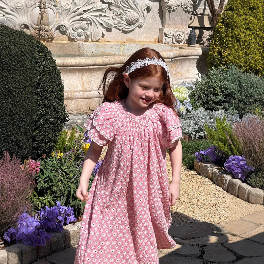 Pink girls' embroidered vintage cotton dress with floral pattern and lace flounced sleeves