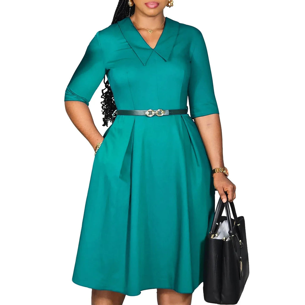 African half-sleeve dress with matching belt in solid colours showing high waist design