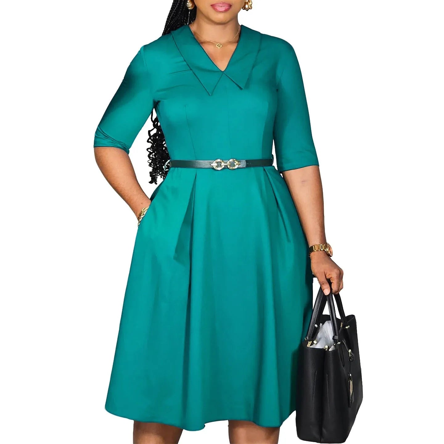 African half-sleeve dress with matching belt in solid colours showing high waist design