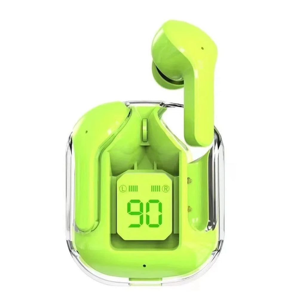 Transparent space capsule case containing true wireless Bluetooth earphones in various colour options
