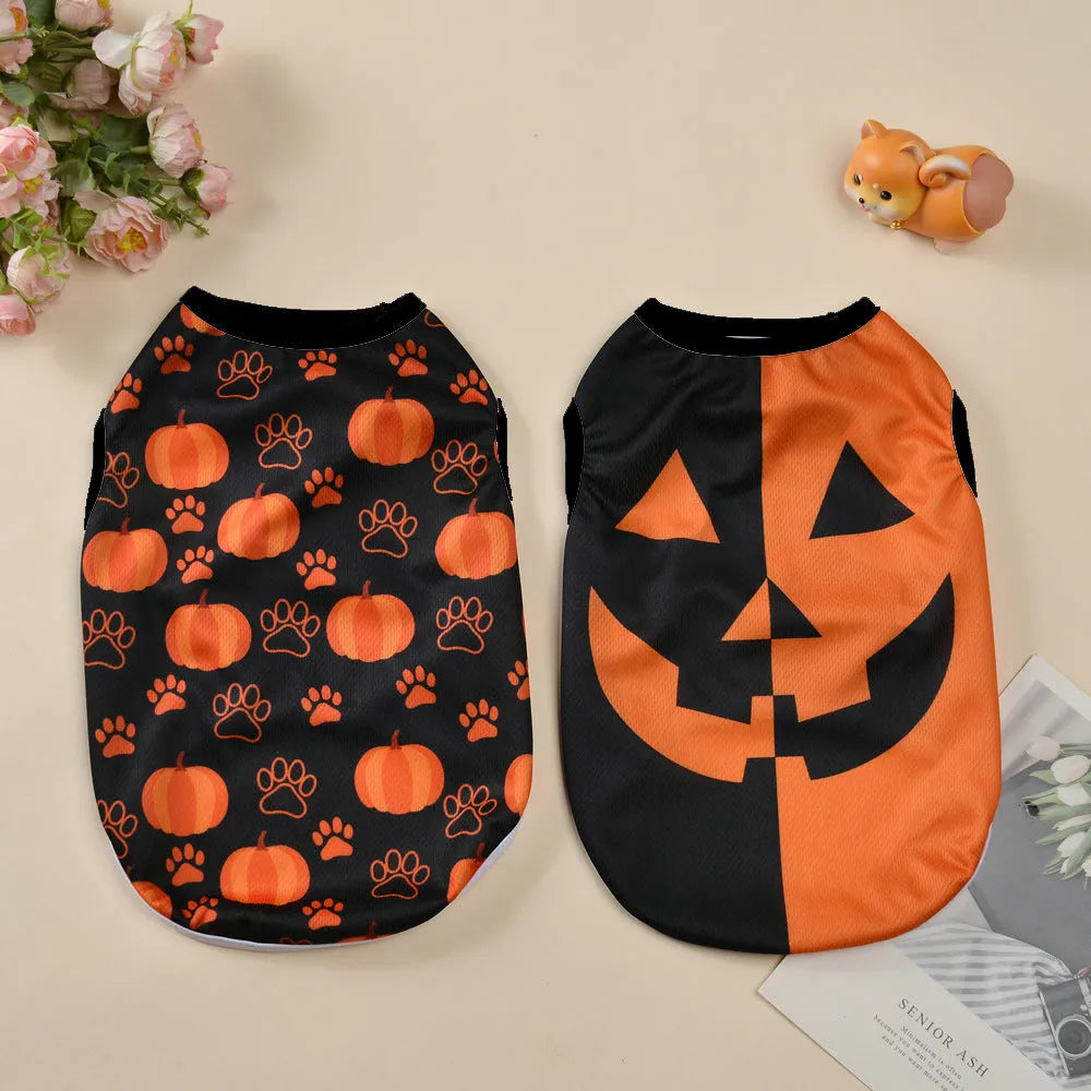 Halloween pet costume with pumpkin designs for dogs and cats in polyester material