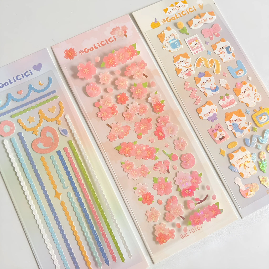 Cat cherry blossom decorative laser sticker with glitter star pattern, 6.5 x 18 cm, gold silver chain sticker