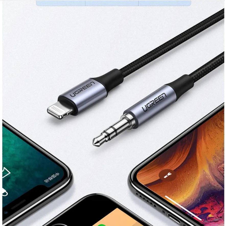 Black Apple Lightning to 3.5mm audio cable with shiny silk braid for car use