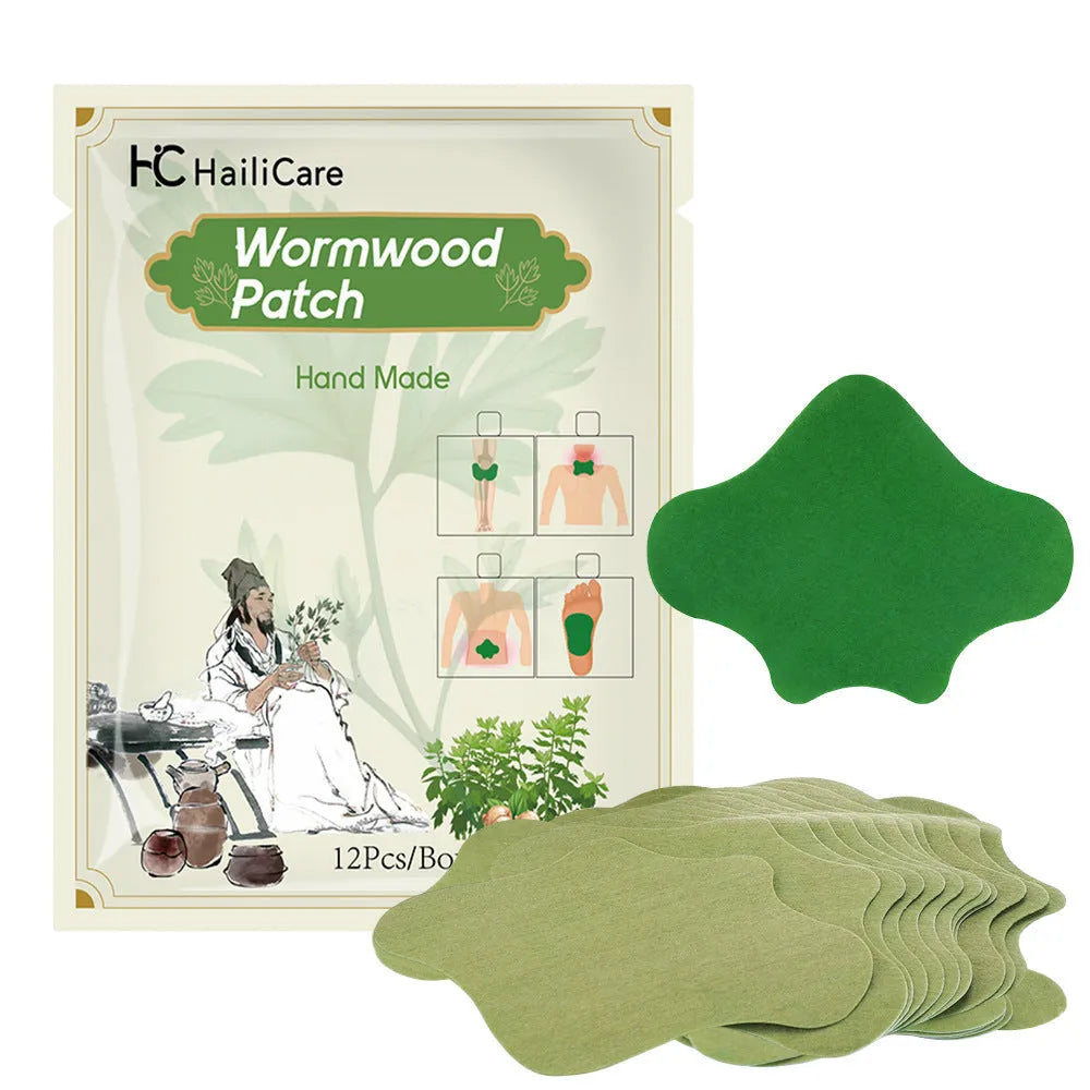 Chinese mugwort herbal patch set with knee, back, neck, and foot patches in 12-piece pack