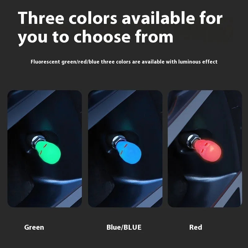 Luminous skull-shaped rubber car tyre valve cap in glow effect on a standard wheel