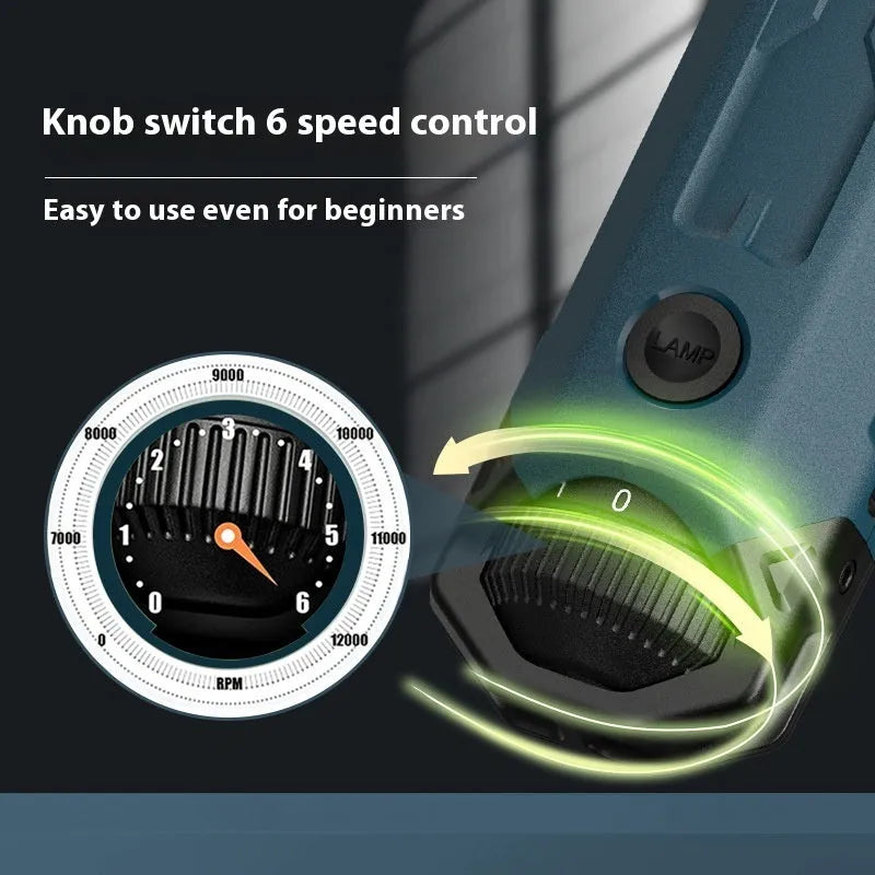 Dark blue USB-powered pet nail grinder with 6-speed rotary knob and LED light