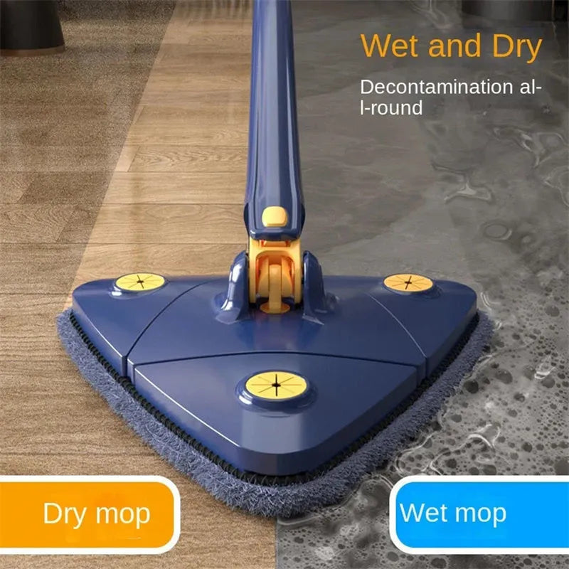 Blue extendable triangle cleaning mop with rotating head and microfiber cloth on a stainless steel pole.