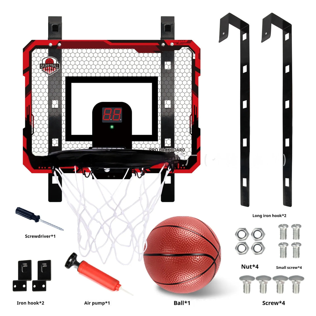 Red and blue folding basketball frame with dunk scoring panel and suction cup mount.