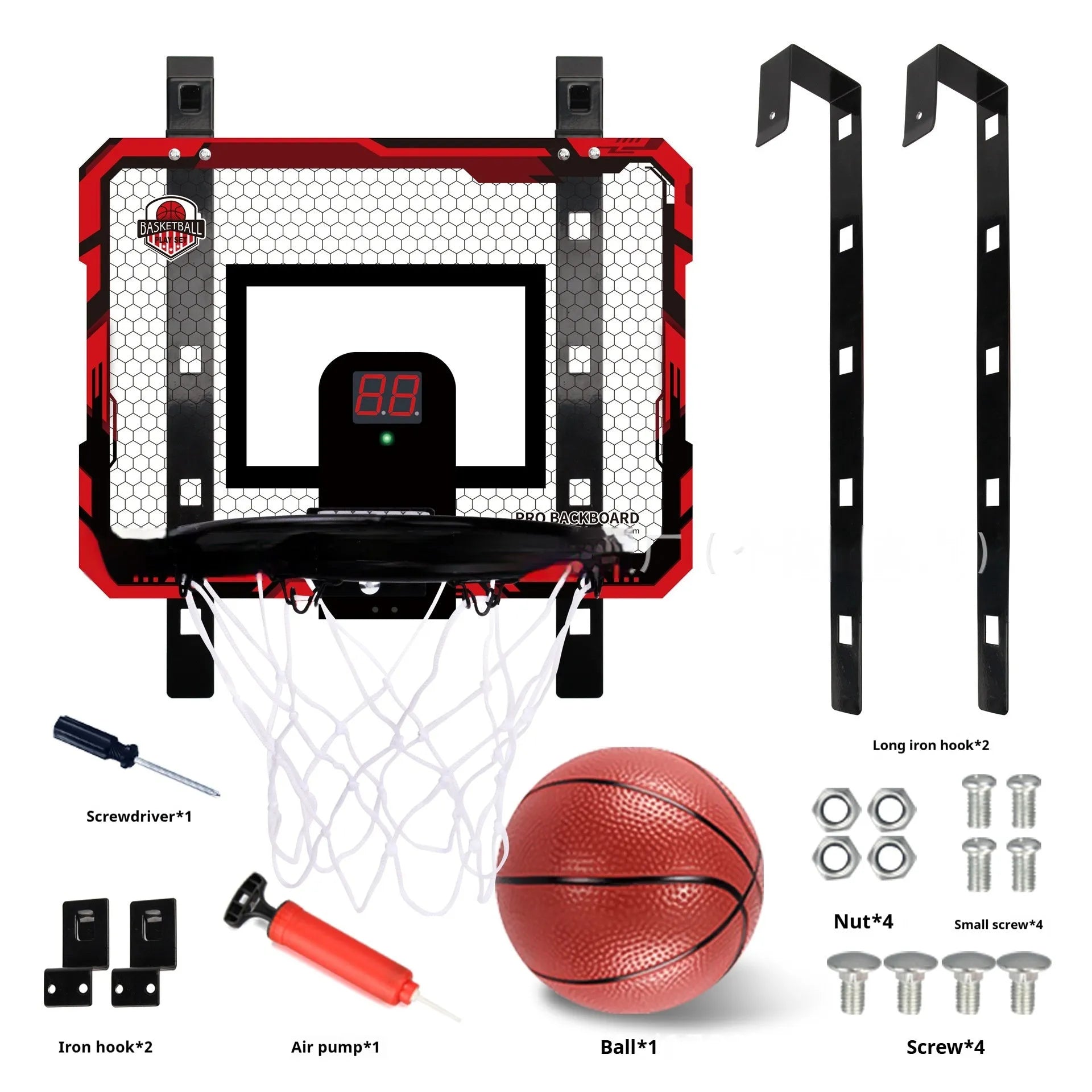 Red and blue folding basketball frame with dunk scoring panel and suction cup mount.