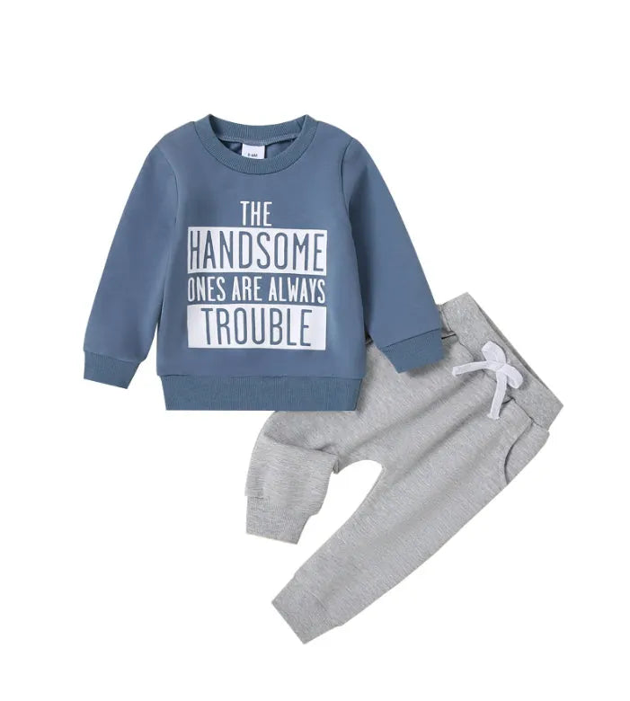 Baby knit cotton pullover sweater and trousers suit in navy blue for ages 0-3T