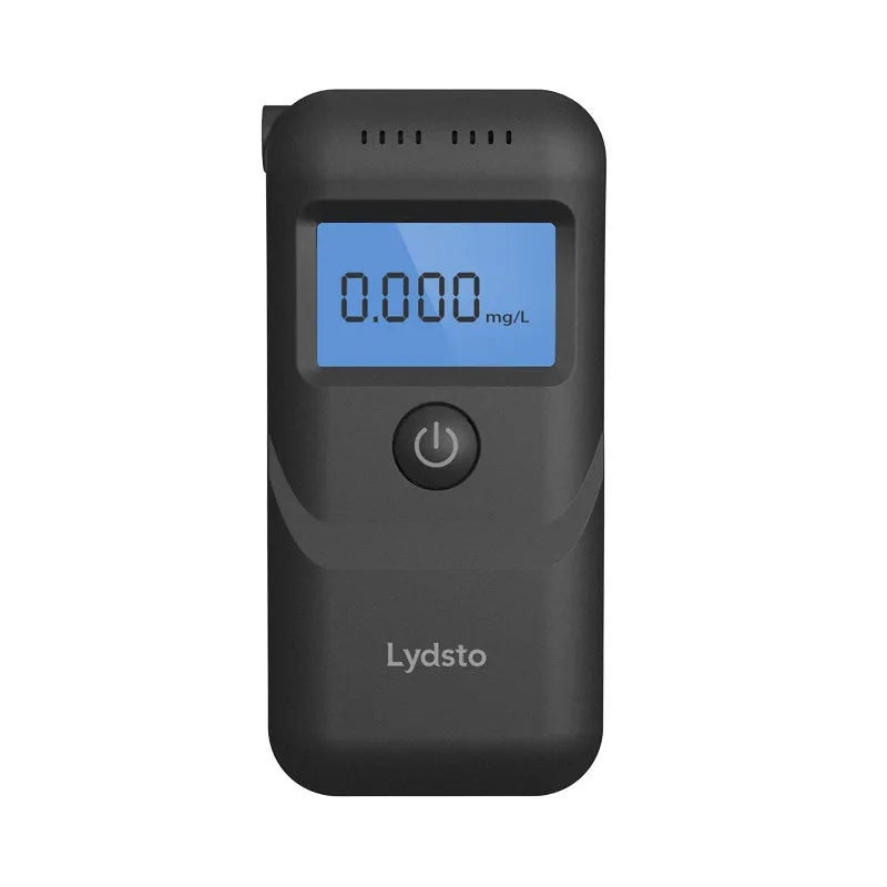 Black portable digital breath alcohol tester on a white background