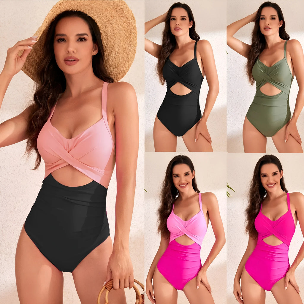 Women's high waist one-piece swimsuit in solid army green colour on a mannequin.