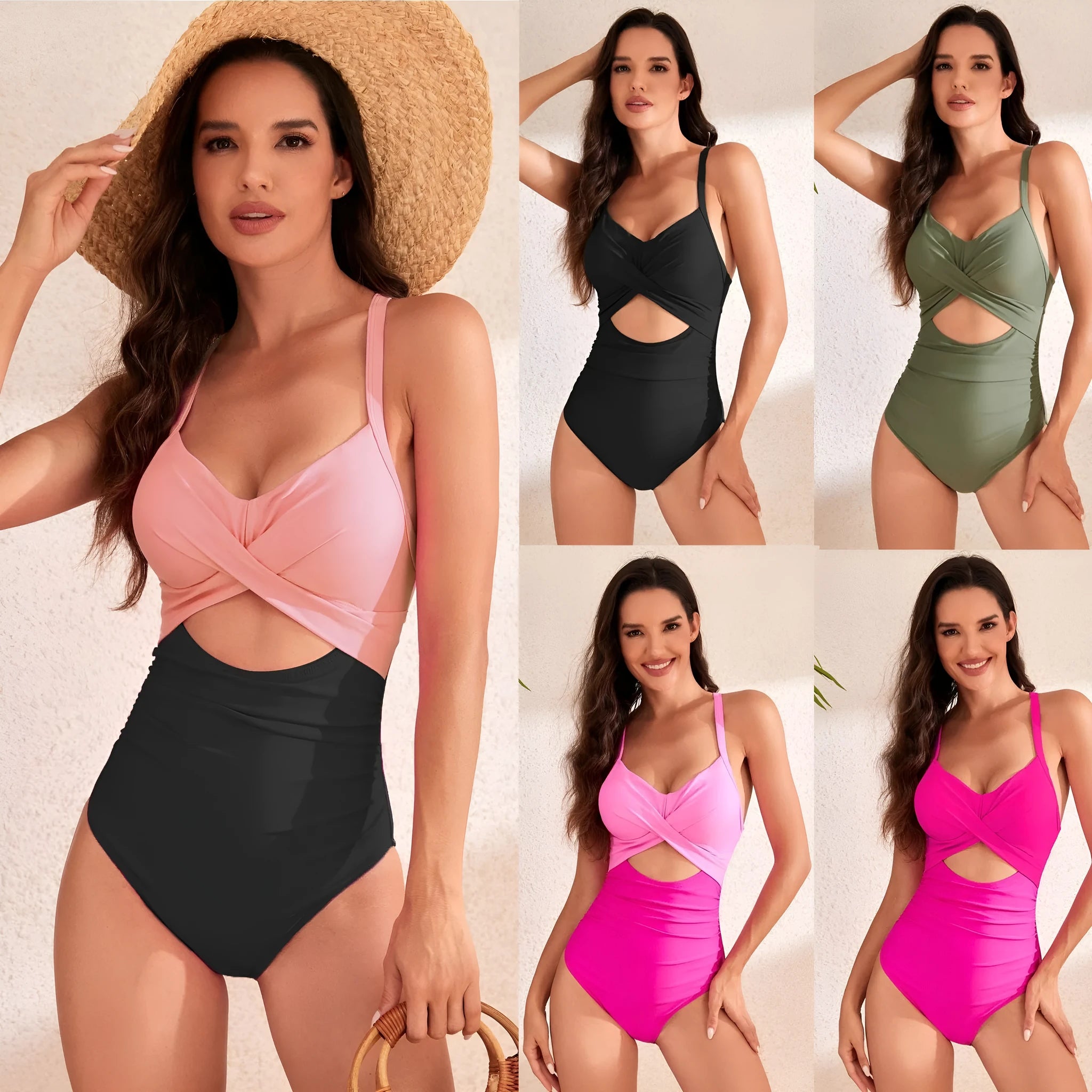 Women's high waist one-piece swimsuit in solid army green colour on a mannequin.