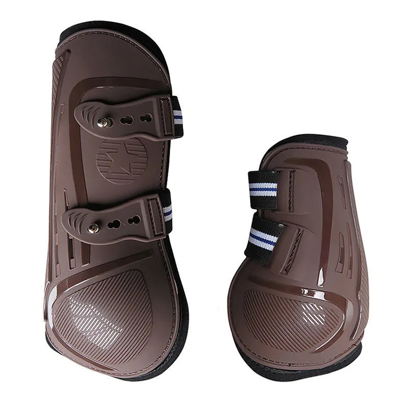 No 9 Colour Barrier horse leg guards showing hard PU shell, neoprene lining, and air holes in a blue set.