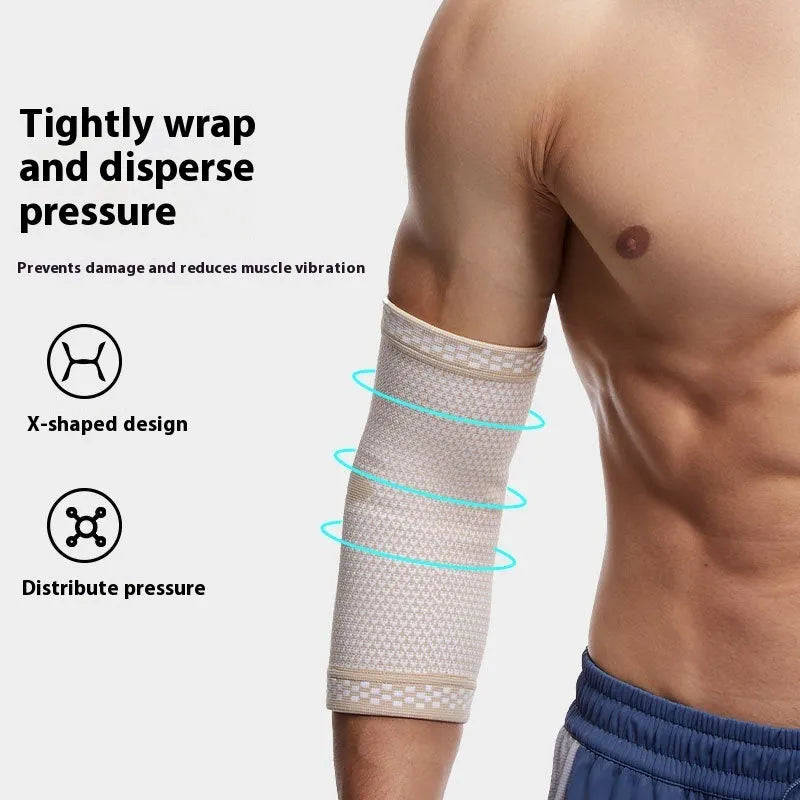 Knitted nylon elbow guard in black and blue colour, breathable sports compression support for basketball