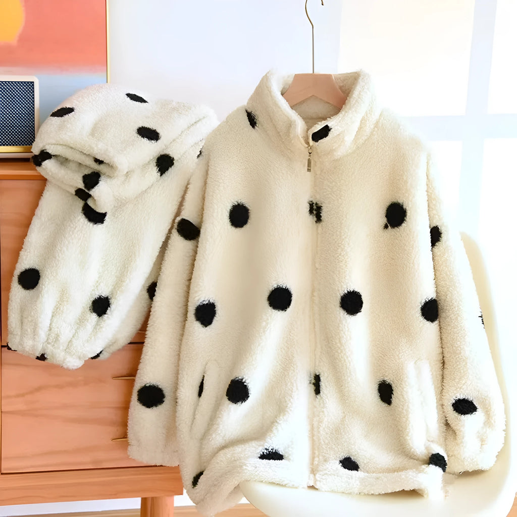 Women's fleece-lined thick casual suit set in black and white polyester flannel, top and pants, sizes M to XL