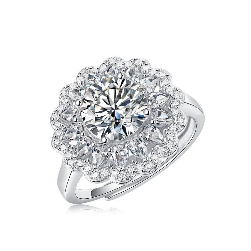 S925 silver adjustable moissanite ring flower design for women