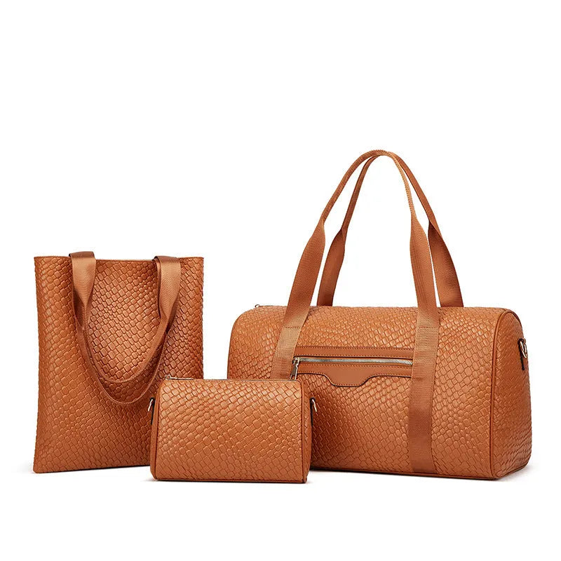 Unisex PU shoulder gym and business travel bag three-piece set, solid colour with weaving detail, 36-55L