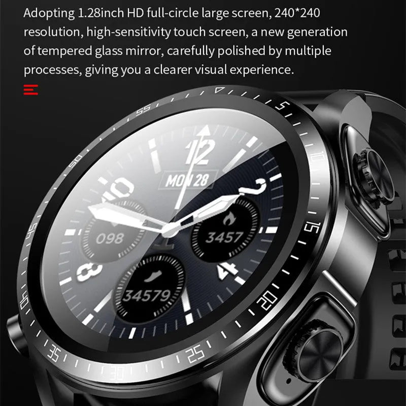 Black multifunctional smart bracelet watch with round plain dial and stainless steel case on light background