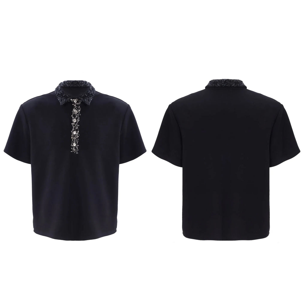 Men's black polo t-shirt with heavy embroidery and sequin decoration, square collar, and short sleeves.