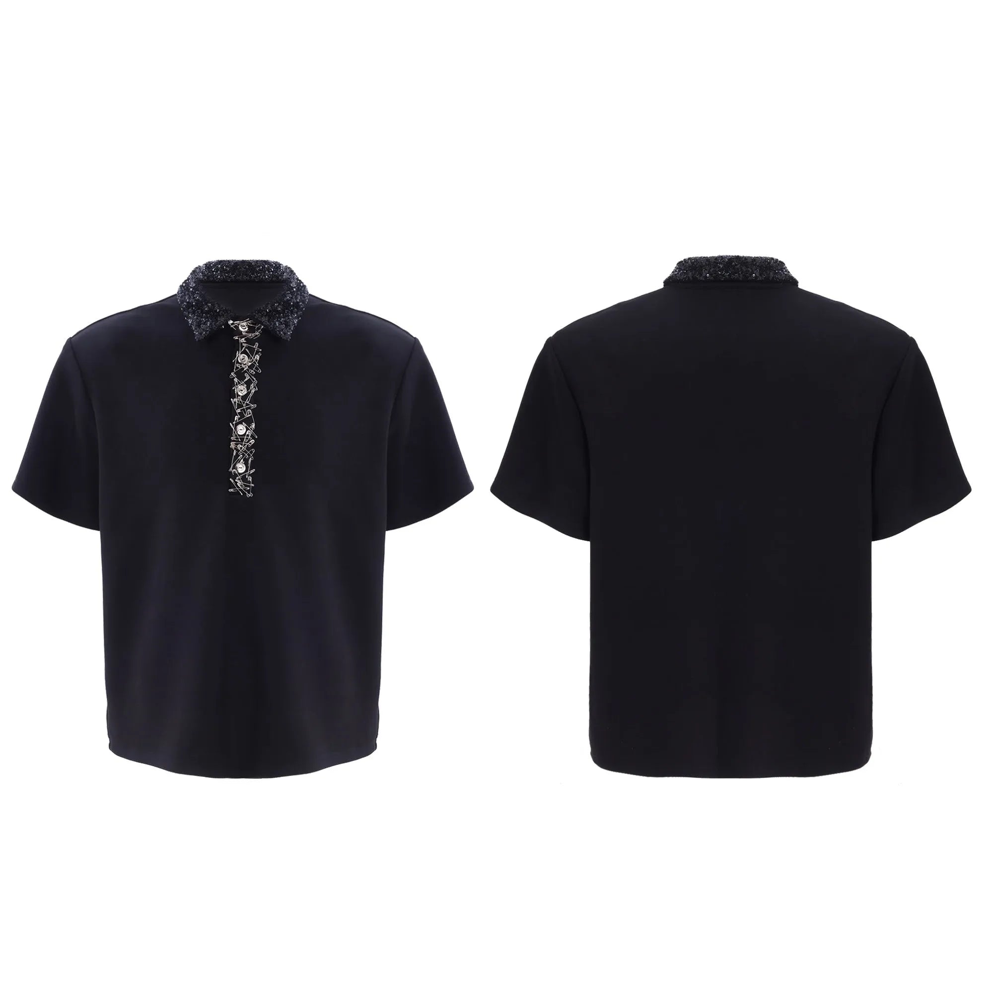 Men's black polo t-shirt with heavy embroidery and sequin decoration, square collar, and short sleeves.