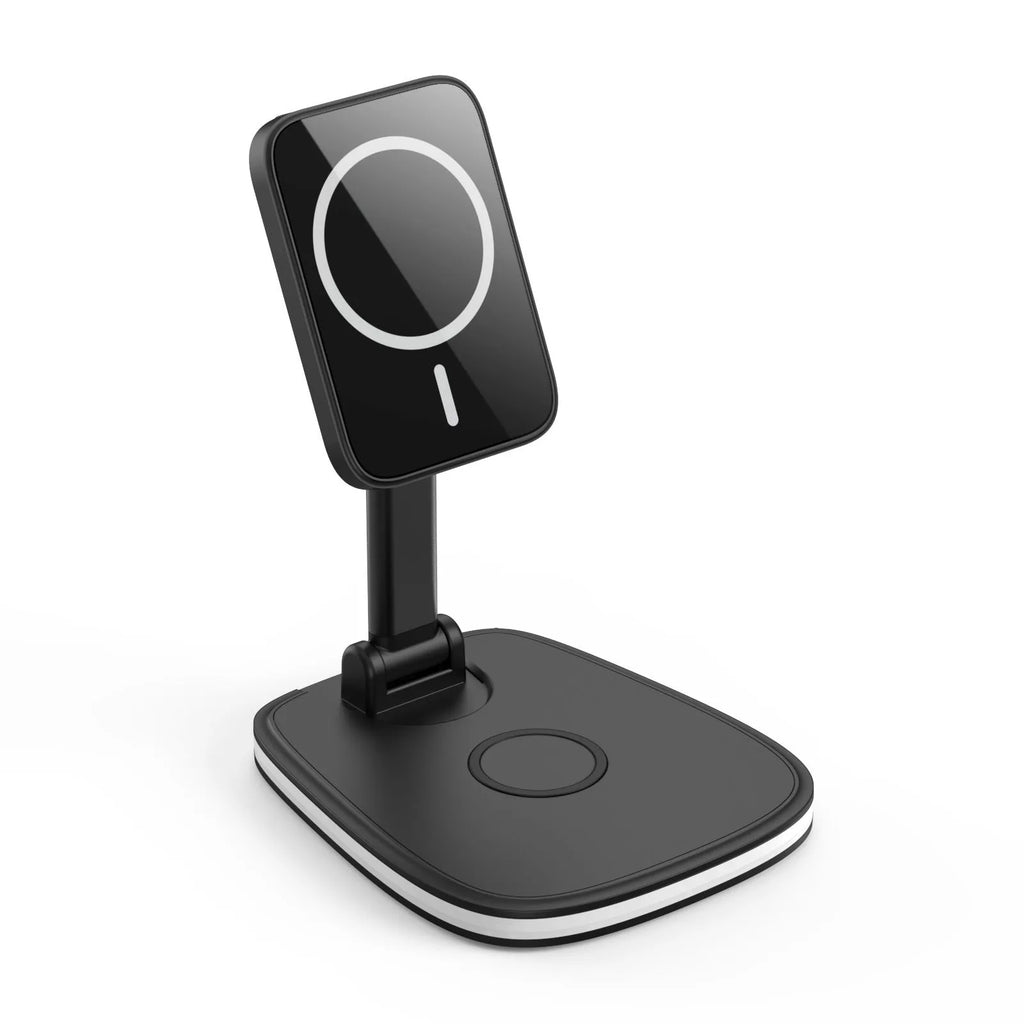 Three-in-one foldable magnetic wireless charger in black ABS, for phone, watch and earbuds