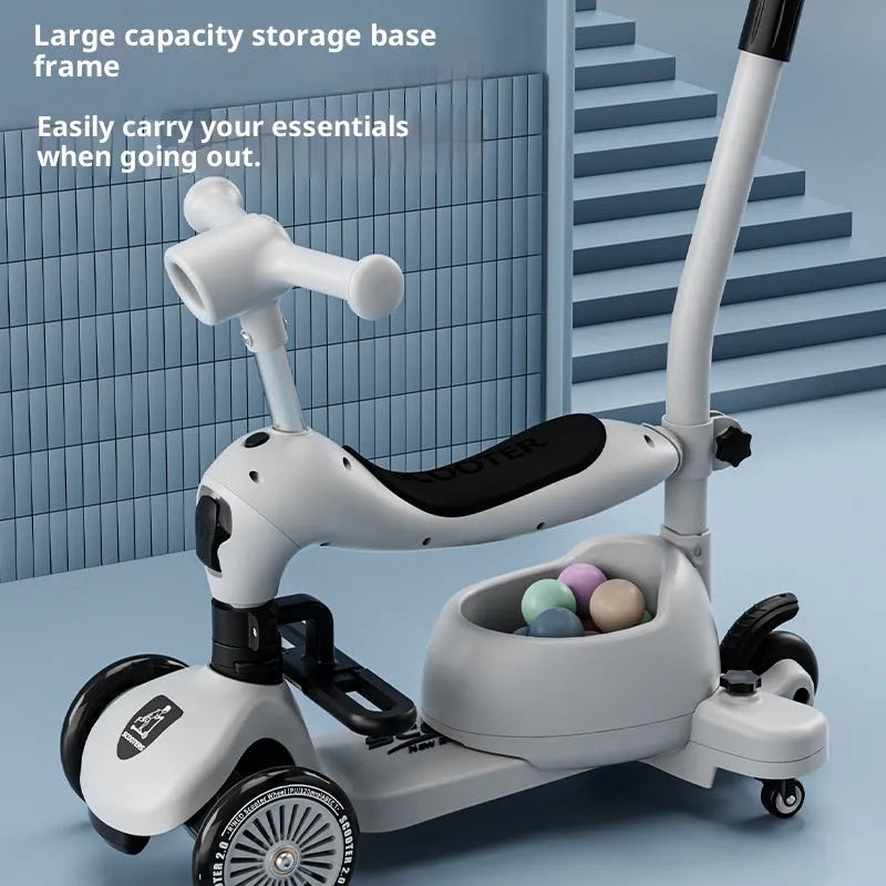 Kids 3-in-1 scooter with aluminium frame, available in five colours with push rod or fence options