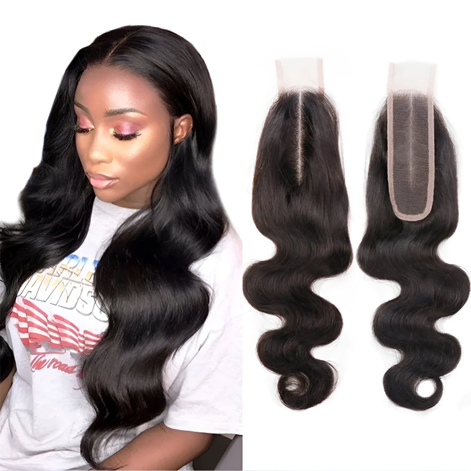Straight human hair women's wig in natural colour showing hand-woven construction