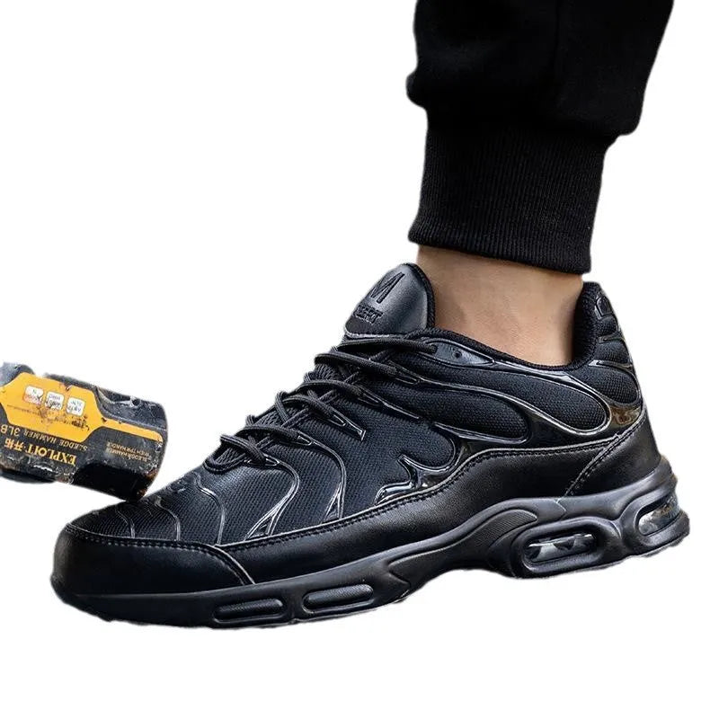 Black leather low-top safety sneakers with non-slip outsole, anti-smash and anti-scratch protection, available in sizes 41-47.