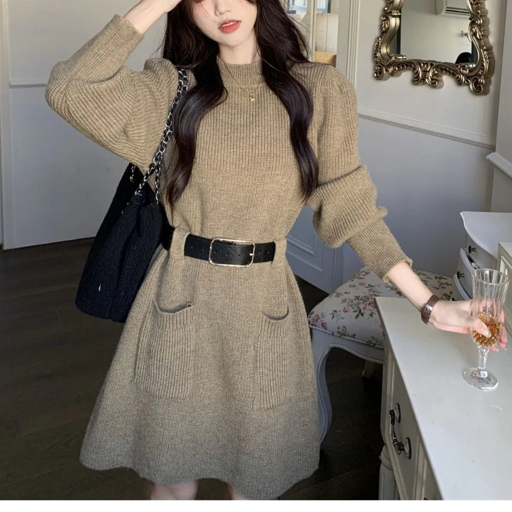 Women's long sleeve loose knitted high waist dress with black belt in beige, black, striped, khaki, or red colours