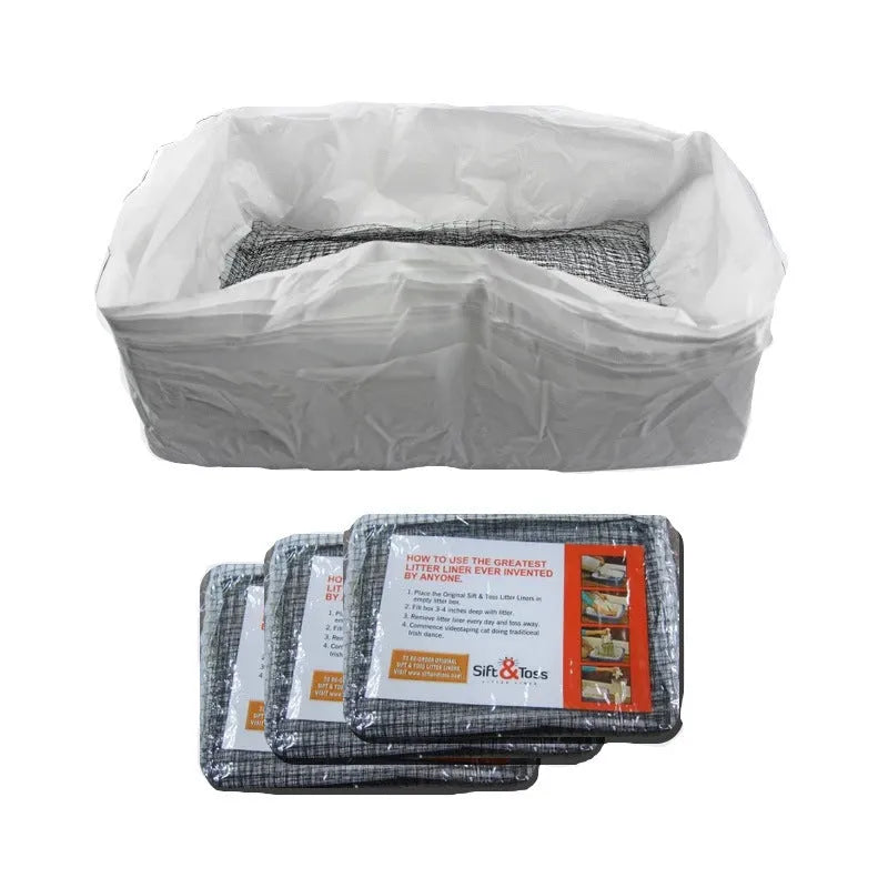 Plastic cat litter bags in S, M and L set with white mats, strainer and black garbage bags