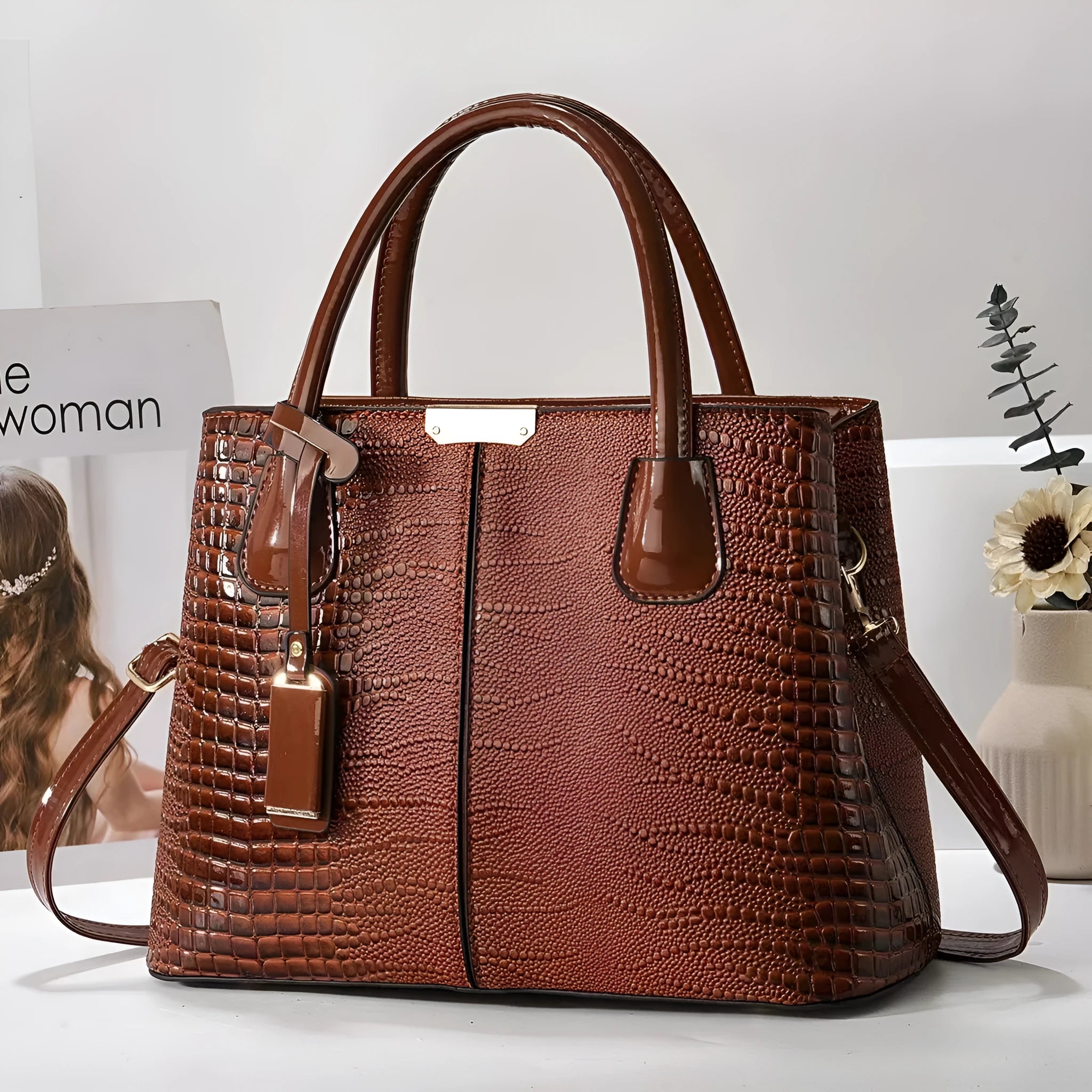 Women's large-capacity horizontal square handbag in soft textured PU leather, white colour, lightweight 540g