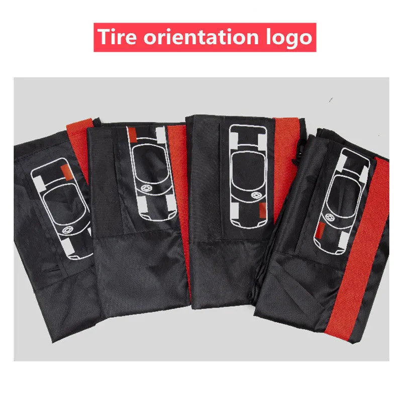 Set of four black Oxford cloth car tyre protective covers laid flat, showing their circular shape and durable fabric texture.