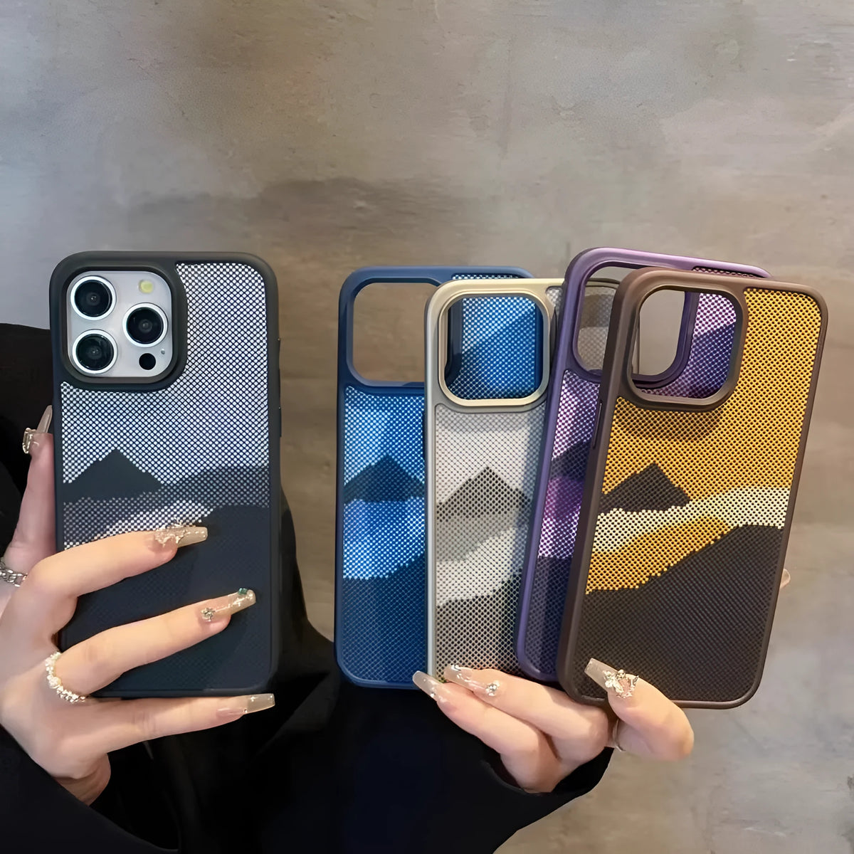 Retro style TPU phone case for Apple iPhone 13 14 15 Pro Max with Hill design in five colours