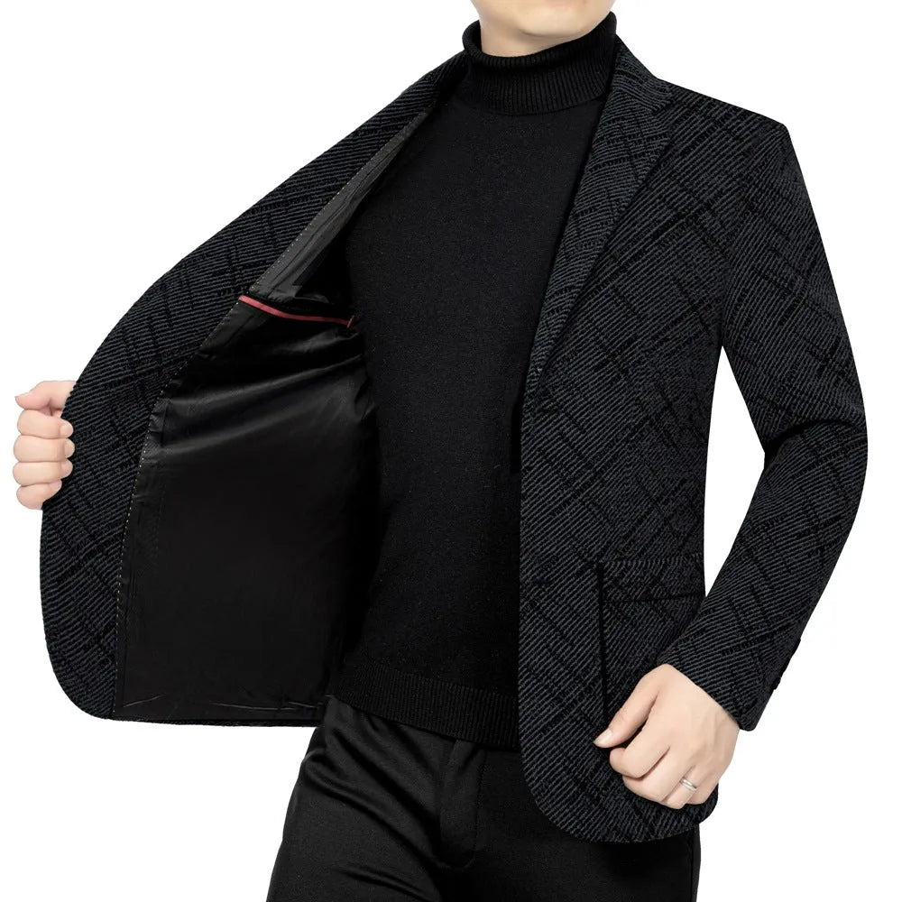 Men's slim-fit business casual coat in brown with stick pocket and long sleeves, polyester lining