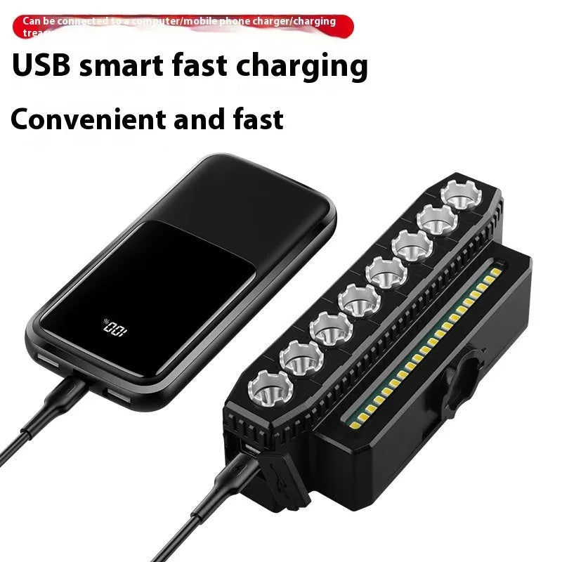 HYD-059 rechargeable bicycle headlight with horn mounted on handlebars, showing six LED mode buttons.