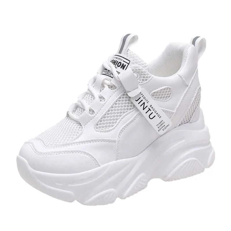 Women's black mesh platform casual shoes with hollow-out design and toe holder, showing TPR sole and optional lining