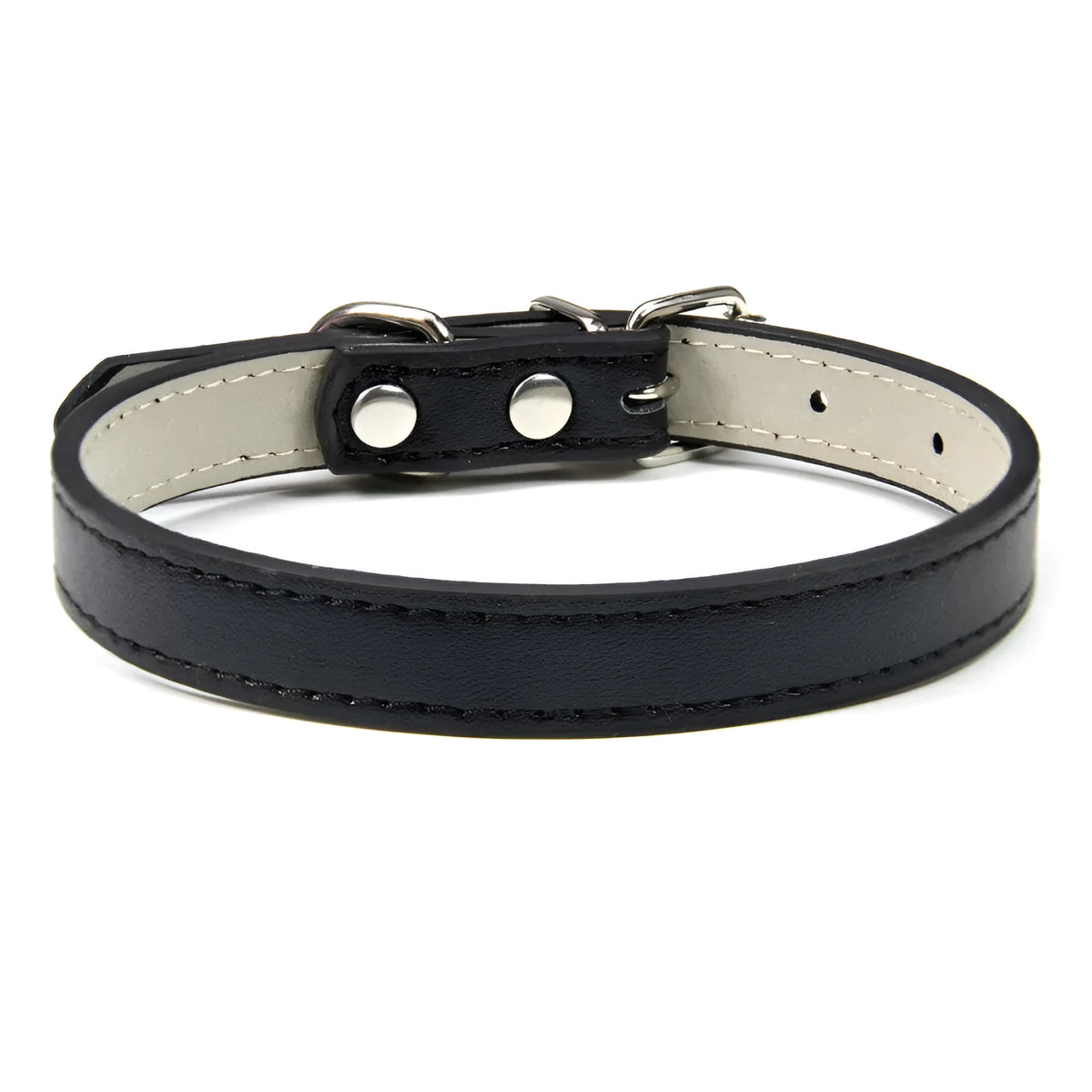 Small and medium dog collar in black PU leather with adjustable buckle, monochrome design