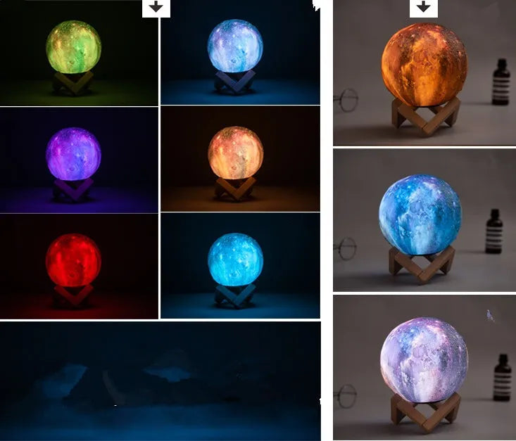 3D printed spherical lunar night light on a table, demonstrating remote control and colour-changing LED effects.