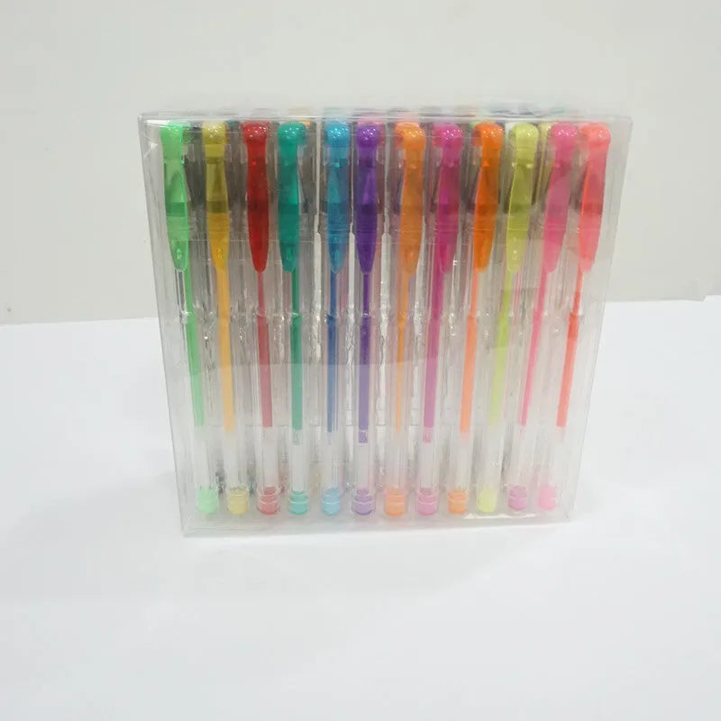 Set of 100 multicoloured gel pens with plastic barrels, showing fine and broad tips, arranged in a case.