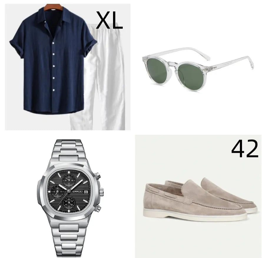 Casual loose navy blue cotton linen short sleeve shirt and shorts suit set