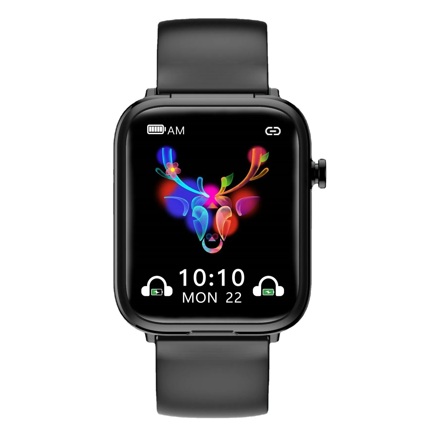 Black smartwatch with touch screen and zinc alloy body, shown with its magnetic charging case and USB cable.