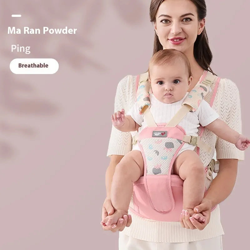 Baby waist stool carrier strap in breathable fabric for front and back carrying, pink colour option