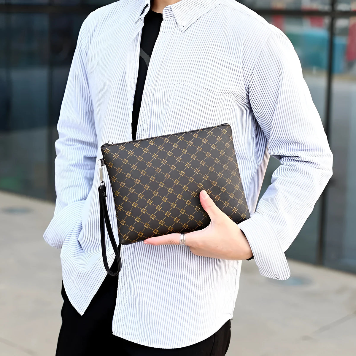 Men's soft PU leather gingham check envelope clutch bag with stitched sewing lines and handle