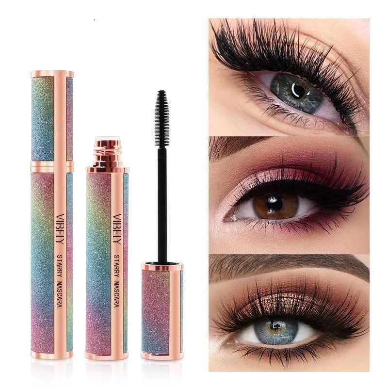 Black waterproof mascara product showing 4D long thick curling effect on lashes
