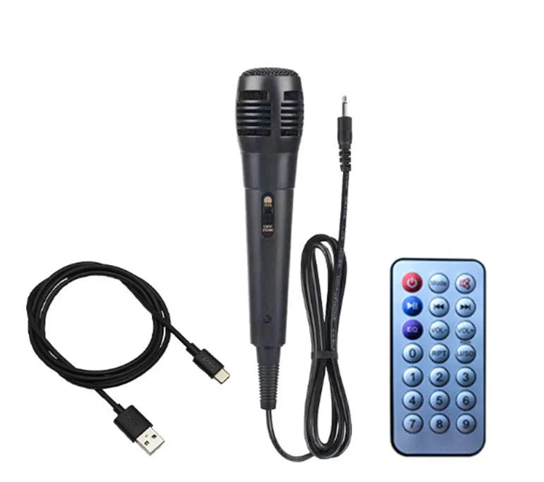 Black portable Bluetooth speaker with double 8-inch speakers, wired microphone, and remote control on a table